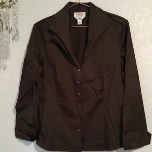 Talbots Petites Chocolate Brown Cotton Spandex Double Collar Button Down Shirt.